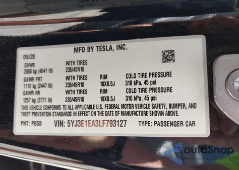 2020 Tesla Model 3 Standard Range Plus Rear-Wheel Drive/Standard Range Rear-Wheel Drive из США, поврежденный, VIN 5YJ3E1EA3LF793127